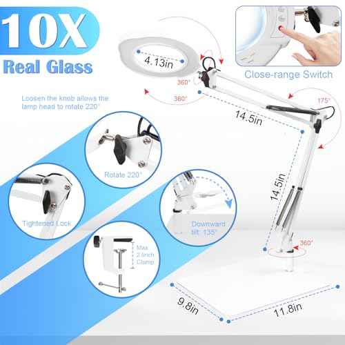 2-in-1 Desk Lamp & Clamp Light, 10X Magnifying Glass with Light and Stand, 5 Color Modes 10 Brightness Dimmable LED Desk Lamp,14.5inch Adjustable Swing Arm for Reading Crafts Painting Close (White)
