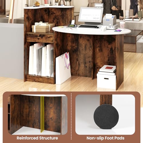 GIANTEX White & Rustic Brown Reception Desk with Lockable Drawer, Oval Top & Adjustable Shelf