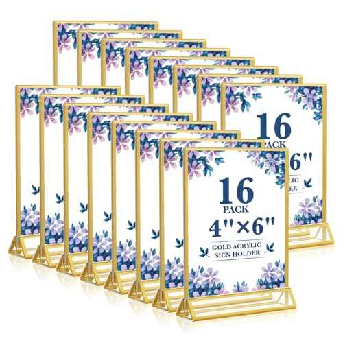 Gold Acrylic Sign Holder 4x6, 16 Pack Wedding Gold Frame Table Number Holders Vertical, Clear Picture Frames Flyer Stands Tables Menu Holder, Double Photo Paper Display Holder for Party, Home, Office