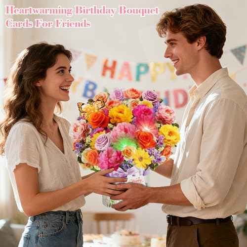 XTF2015 Birthday Cards with MUSIC & LIGHTS, Happy Birthday Card, Peony & Butterfly, 13 Inch Life Sized Forever Flower Bouquet 3D Pop Up Music Cards for Mom Daughter Women Wife