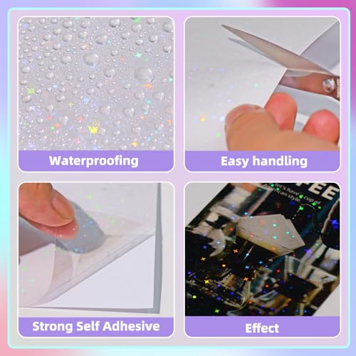 36 Sheets Holographic Sticker Paper - Clear Self-Adhesive Vinyl with Gem, Dot, Star, Colorful Patterns