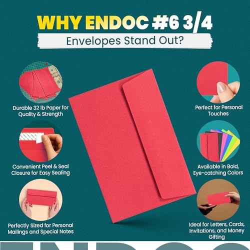 #6 3/4 Red Envelopes Self Seal, 500/pack, Colored Envelopes Letter Size 6 1/2 x 3 5/8 inch, Business Envelopes for Cards, Invitations, Holiday, Postcards, Gifts - 32lb Heavyweight Paper