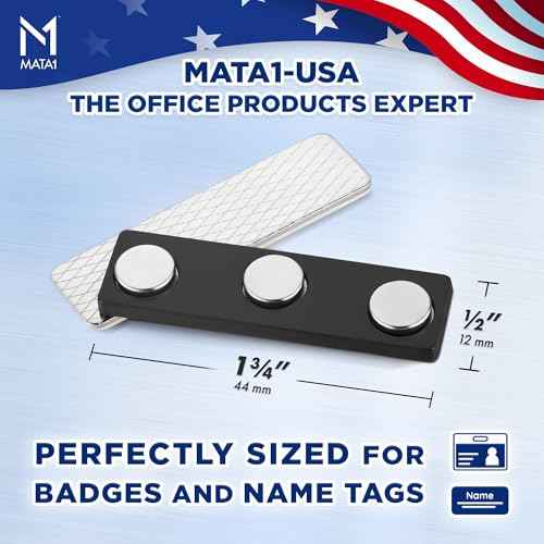 Mata1-USA No-Pin Design Name Tag Magnets (100 Badge Holder Magnets, 1.75 x 0.4 inches), Name Tag Magnet Backs w/ 3 Extra-Strong Neodymium Magnets for ID Badge Holders