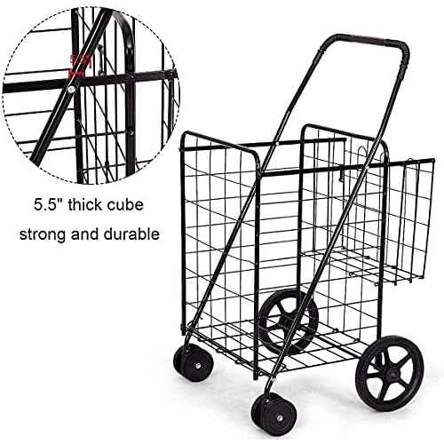 Folding Shopping Cart, Large Utility Cart Hold Up to 90 Lbs, with Double Basket, 360¡Æ Rolling Swivel Wheels, Ideal for Grocery Laundry Luggage Travel, Multiple Uses Easy to Move (Black)