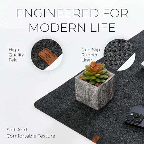 Nordik Felt Desk Mat Large Charcoal 35x17 Inches - Office Desk Pad with Leather Logo