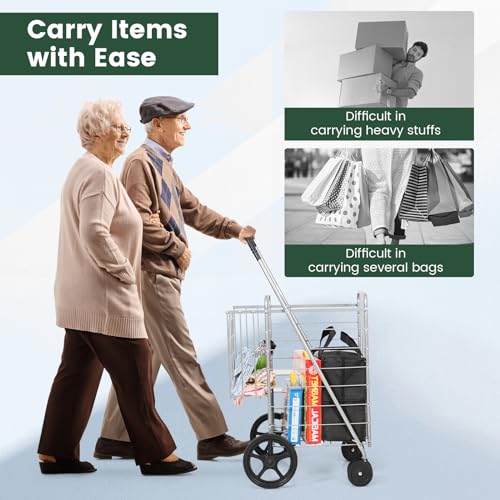Byroce Folding Shopping Cart, Jumbo Grocery Cart on Wheels w/Double Basket, Portable Handle & Rolling Swivel Wheels, Heavy Duty Utility Cart for Groceries Laundry Book Travel Luggage (Silver)