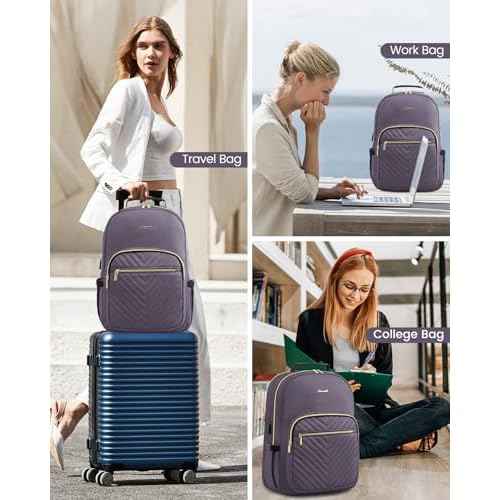 LOVEVOOK Laptop Backpack Purse for Women, Large Capacity Travel Business Computer Work Bag, Quilted Casual Nurse Backpack for Womens, Fit 15.6 Inch Laptop with USB Port, Purple Grey