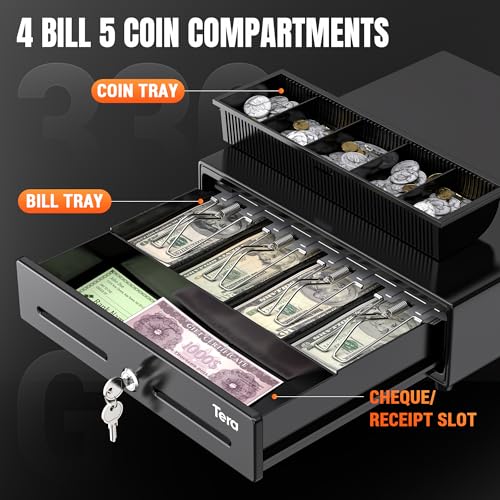 Tera 13" Cash Register Drawer for Point of Sale POS System with 4 Bill 5 Coin Cash Tray 6 Keys Auto Open Removable Coin Compartment Key-Lock 24V RJ12 Interface Media Slot for Small Business 330G