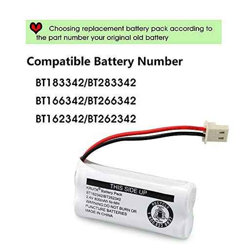 Kruta BT162342 BT262342 Cordless Phone Batteries Compatible with BT183342 BT283342 BT166342 BT266342 VTech CS6114 CS6419 CS6719 at&T EL52300 CL80111 Handset Telephone (Pack of 2)