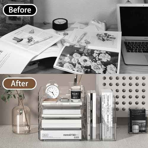 4-Tier Brown Acrylic Paper Tray Organizer for Desk + 2 Bookends ? Stackable Letter Tray, Acrylic Desk Accessories/File Organizer, Office Paper Organizer