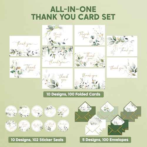Decorably 100 Pack Gold-Foiled 6x4in Sage Green Thank You Cards with Envelopes, 10 Elegant Designs Folded Greenery Thank You Cards with Envelopes, Blank Inside - Wedding, Bridal Shower, Baby Shower