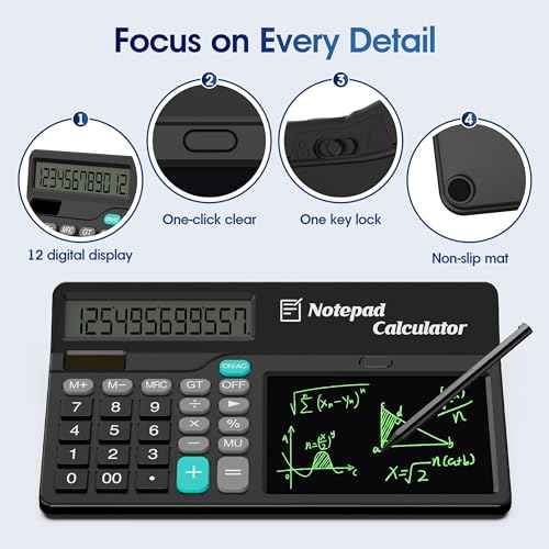 Calculator with Notepad 12 Digits Large Display, Touch Comfortable Calculator Big Buttons, Support Solar and Battery for Office, School, Home & Business