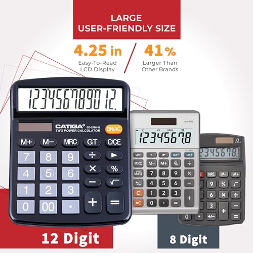 CATIGA Black 12-Digit Desktop Calculator with Large LCD & Big Buttons - Solar & Battery Powered