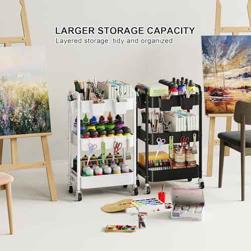 3 Tier Rolling Cart Metal with Wheels, White Three Tiered Craft Cart Organizer on Wheels, Storage Utility Carts for Art, Baby Nursery,Diaper Caddy, Cleaning Supplies, Nail,Lash,Snack,Book,Roller Shelf