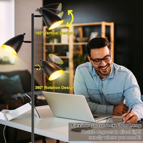 Tree Floor Lamp for Living Room, Industrial 3-Light Standing Lamp with 3 LED Bulbs, Adjustable Rotation Heads, Standing Tall Pole Lamp Farmhouse Rustic Reading Lamps for Bedroom Office (Black)