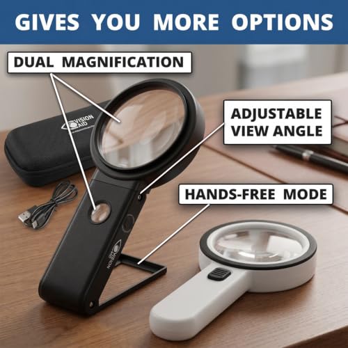 Vision Aid Deluxe USB Rechargeable Hands-Free Magnifying Glass with Stand and LED Light