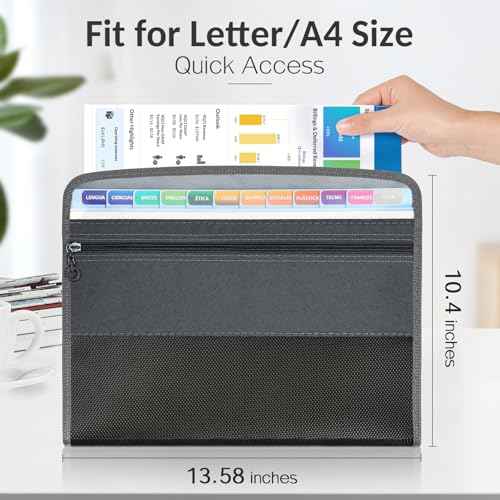 Sooez Accordion File Organizer with Safe Zipper, 12 Pocket Expanding File Folder with Front Pencil Pouch, Portable Monthly Paper Bill Tax Receipt Organizer, School Office Supplies, Letter Size, Grey