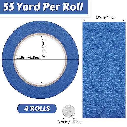 Fainne 4 Rolls Blue Painters Tape Bulk Multi Pack Safe Paint Paper Masking Tape for Wall Painting Decoration Supplies (Blue,4 Inch X 55 Yards)