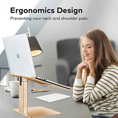 Laptop Stand for Desk, Ergonomic Aluminum Laptop Stand Adjustable Height from 7-15", Sitting and Standing Laptop Riser for 10-17" Notebook (Gold)