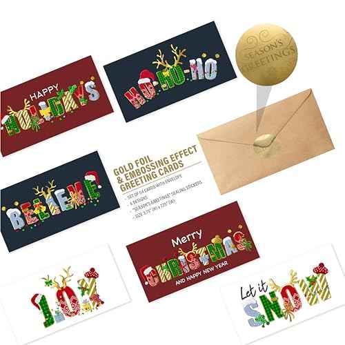easykart labels 54 Christmas Cards Assortment with Envelopes & Sealing Stickers,Holiday Theme 6 Designs with Foiling & Emboss Effect,7.25" x 3.75" For Friends, Family and loved Ones