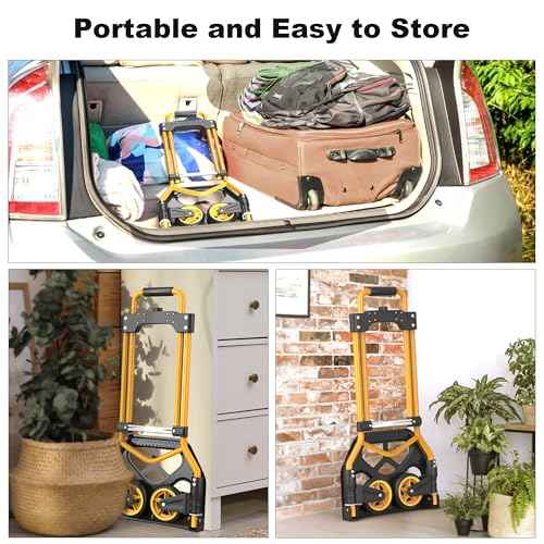 Folding Hand Truck Dolly Cart, 180LBS Portable Aluminum Hand Truck Foldable with Telescoping Handle and Elastic Cord for Luggage, Boxes, Functionality Foldable Dolly for Home, Moving, Black Yellow