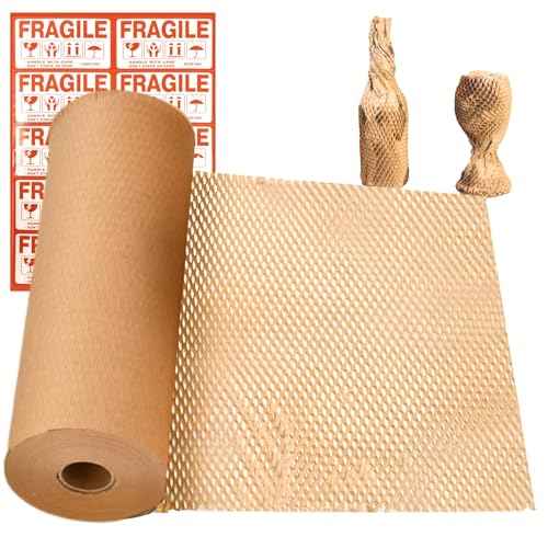 Dish Packing Kit Glassware Moving Supplies for Friagle Items 15"x500' Honeycomb Packing Paper Roll Recyclable Moving Paper with Fragile Stickers Alternative to Bubble Cushioning Wrap for Shipping