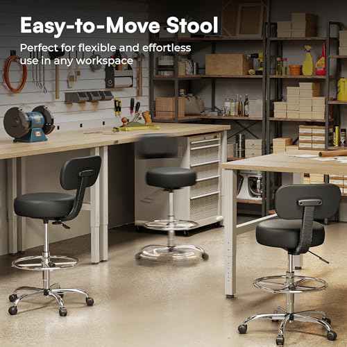 SUPERJARE Drafting Chair with Back, Adjustable Foot Rest Rolling Stool, Multi-Purpose Office Desk Chair, Thick Seat Cushion for Home Bar Kitchen Shop - Black 7205B
