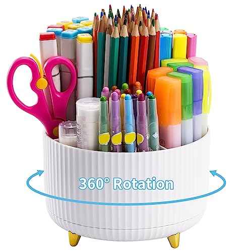 Marbrasse Desk Organizer, 360-Degree Rotating Pen Holder, Desk Organizers and Accessories with 5 Compartments Pencil Holder, Art Supply Storage Box Caddy for Office, Home£¨White£©