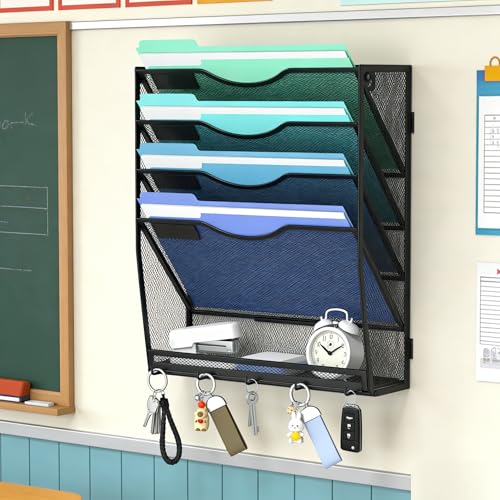 Gawerk 4+1-Tier Wall-Mounted File Organizer with 5 Hooks - Office & Home Mail Storage