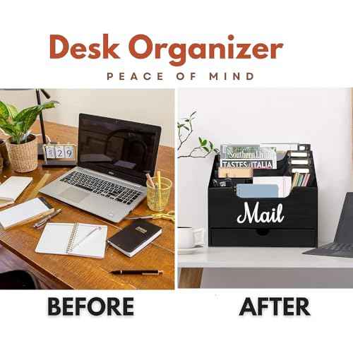 Wood Desktop Mail Organizer, Mail Organizer Countertop with 4 Compartments and Drawer, Wood Mail Holder Sorter Organizer Holder for File Letter Paper Folder, Black Wooden Desk Organizer