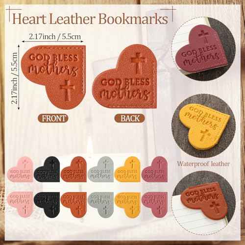 Remuuly Mothers Day Christian Gifts Bulk for Mom God Bless Mothers Leather Heart Bookmarks Bible Verse Bamboo Scripture Pen with Motivational Inspirational Card for Church Activities(60 Set)