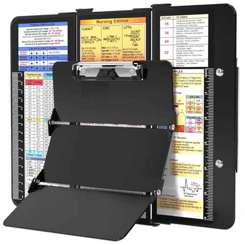 Nursing Clipboard Foldable, Foldable Clip Board w/Nursing Edition Cheat Charts, 3 Layers Aluminum, Nurse Clipboards w/Low Profile Clip & Pen Clip Pocket for Students, Nurses and Doctors, Black