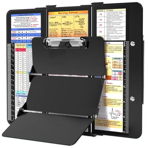 HOZOL Black Foldable Nursing Clipboard with Cheat Charts & Pen Pocket