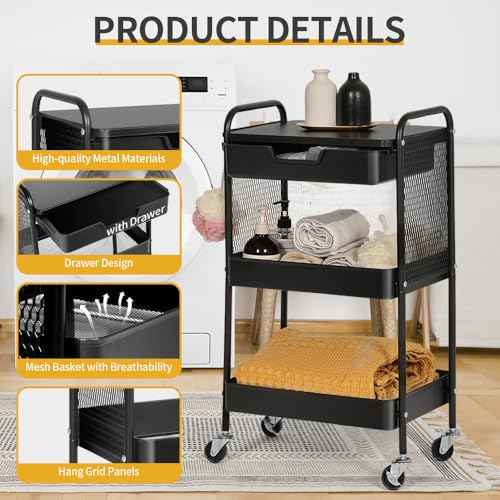3-Tier Rolling Cart with Drawer, Metal Utility Storage Cart Organizer with Lockable Wheels&Hanging Cups&Hooks, Mobile Storage Craft Carts Trolley with Mesh Shelves for Kitchen, Office-Black