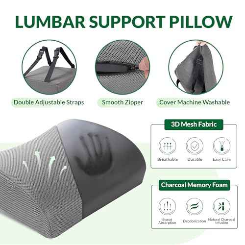 Seat Cushion & Adjustable Lumbar Support Pillow Set, Charcoal Memory Foam Back & Tailbone Pain Relief, Non-Slip & Washable Cover, for Office Chair, Car Seat, Wheelchair - Grey
