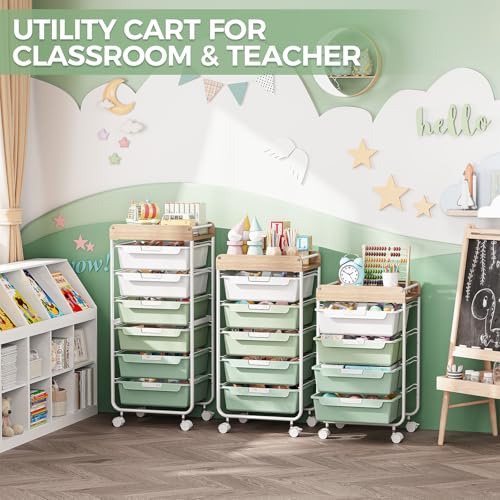 SYKIARIOL Green 4-Drawer Rolling Storage Cart with Wooden Top, Multi-Use Organizer