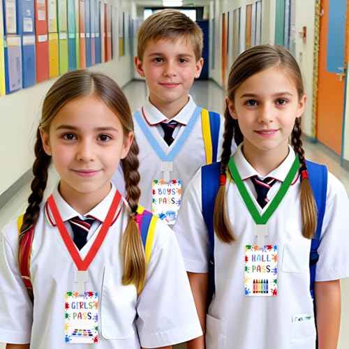 8 Packs Art Hall Passes, Unbreakable PVC School Passes and Soft Lanyards Set, Elementary Middle School/Teacher Supplies for Classrooms Hall Library Restroom Nurse Office Supplies