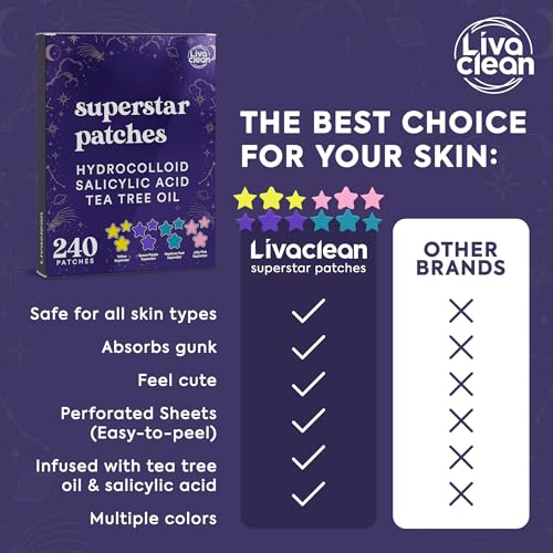 LivaClean 1440 CT (6 Pack of 240) Superstar Acne Patches w/Salicylic Acid & Tea Tree, Star Pimple Patches for Face Stars Hydrocolloid Acne Patch Cute Zit Patch for Face Healing Sticker