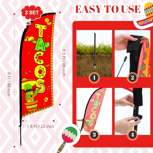 2 Set Tacos Feather Flag Kit, 8ft Advertising Swooper Flag Banner with Pole and Ground Stake for Business Restaurant Advertising Banner for Outside Ground
