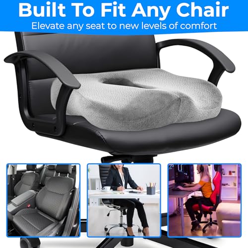 Large Memory Foam Seat Cushion for Tailbone, Coccyx & Pressure Relief ? Ergonomic Cushion for Office Chair, Car, Home & Wheelchair ? Ultimate Comfort for Long Sitting Hours ? Grey (Unisex)