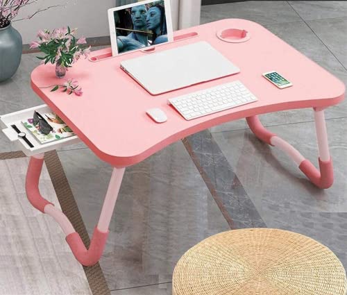 Pink Foldable Laptop Desk Bed Tray with Storage Drawer & Cup Holder