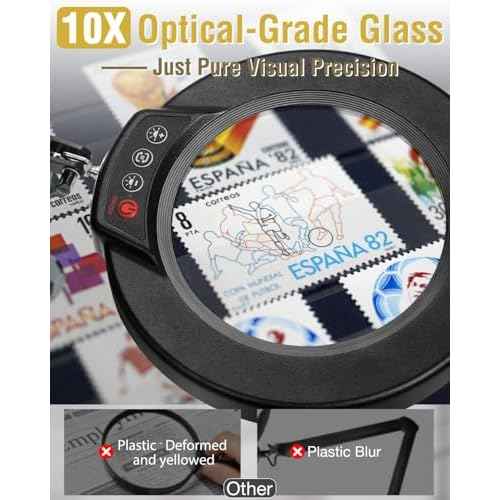 10X Magnifying Glass with Light and Clamp, Ultra Long 3 Section Swing Arm LED Desk Lamp, 5 Color Modes Stepless Dimmable, Hands Free Lighted Magnifier with Stand for Repair Reading Crafting Close Work