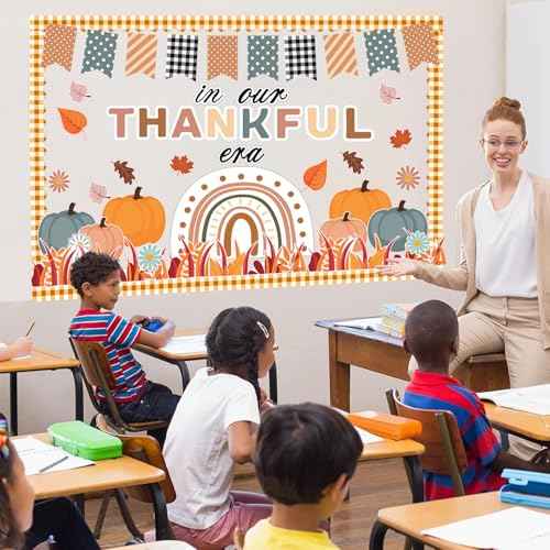 Fall Thanksgiving Bulletin Board Decorations Autumn Leaves Pumpkin Classroom Decor Boho Rainbow Thankful Cutouts Bulletin Border for Fall Harvest Office School Classroom Wall Door Chalkboard Decor