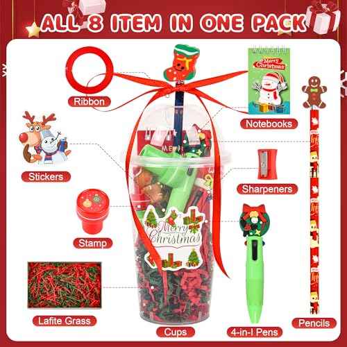 LiYiQ 247 Pcs Christmas Return Gifts for Birthday, Student Stationery Gifts from Teacher, Classroom Gifts Pencil Erasers Notesbook Stickers for Christmas Classroom Birthday Goodie Bags Rewards Prizes