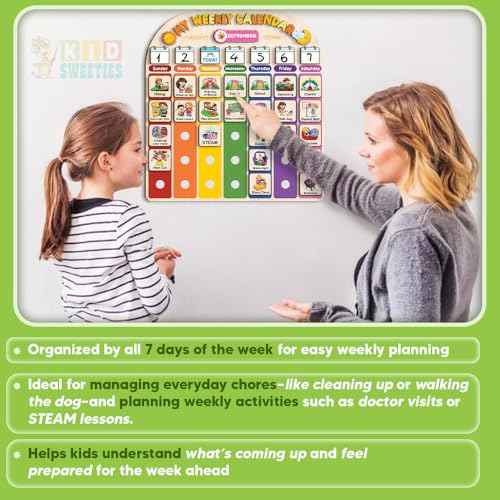 Wooden Weekly Calendar for Kids, Kids Weekly Planner, Large Week's Routine 15x16 inch 194 Cards, Daily Weekly Routine for Boys Girls Age 3+