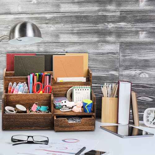 Brown Wooden Mail Organizer, Desk Organizer with 7 Compartments and Drawer, Rustic Mail Sorter with Pen Holder, Tabletop Mail Basket, Office Accessories Holder for Pen File Letter Document