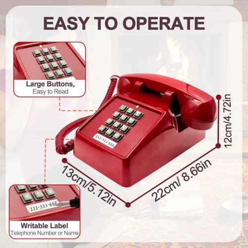 Vintage Retro Landline Phone, Old Telephone with Mechanical Ringer Receiver Volume Adjustable Retro Analog Desk Phone Classic Design for Home, School (Red)