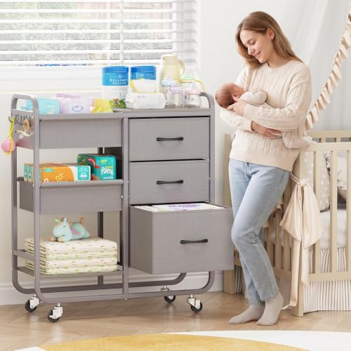 KINGRACK 3-Tier Baby Diaper Caddy Organizer with Metal Rolling Cart and Cloth Drawers