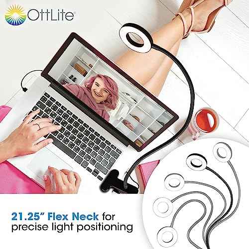 OttLite Capture Clip-On LED Desk Lamp and Ring Light for Desk, Use for Reading, Selfie, for Computer, ClearSun LED Technology, Dimmable with 3 Color Modes