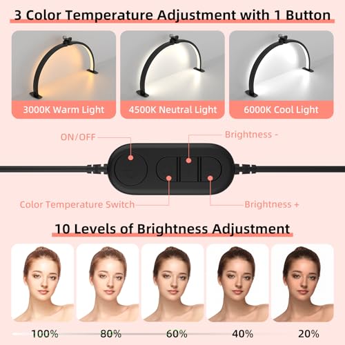 29" Large Half Moon Light for Nail Desk, Foldable Arch Nail Lamp with Phone Holder, 3 Color Modes,10 Brightness, Perfect for Manicure Handicraft Lighting, Black